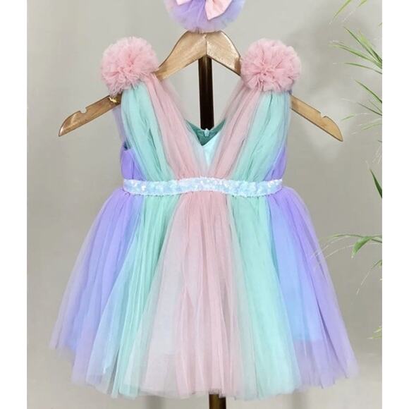 Baby Girls Tulle pom pom Unicorn Birthday Party Dress Size 1 Year - Picture 3 of 16